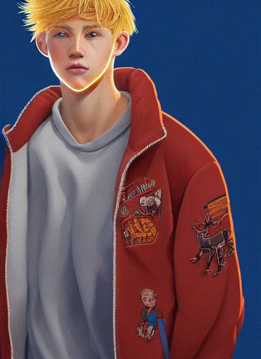 Image similar to portrait of high school senior boy named big moose, blonde short hair, jock, beefy, wide face, square jaw, square facial structure, blue varsity jacket with the word moose, intricate, elegant, glowing lights, highly detailed, digital painting, artstation, concept art, sharp focus, illustration, art by wlop, mars ravelo and greg rutkowski