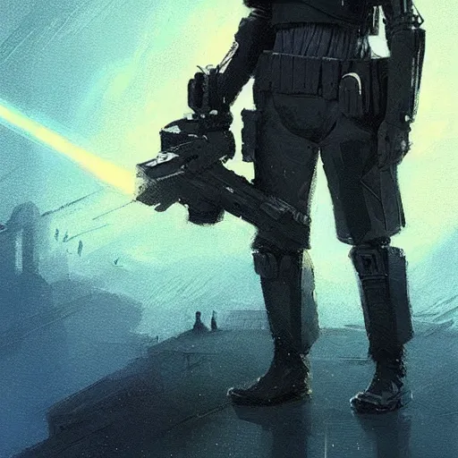 Image similar to star wars concept art by greg rutkowski, soldier wearing a blue and black tactical gear, digital painting, artstation, concept art, smooth, sharp foccus ilustration, artstation hq