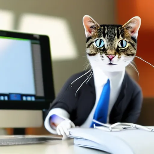Prompt: realistic photo of an anthropomorphic cat wearing a business suit using a computer in an office
