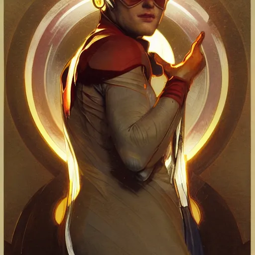 Image similar to The Flash from Justice Leage 2020, portrait art by alphonse mucha and greg rutkowski, highly detailed, digital painting, concept art, illustration, dim lighting with twilight rays of sunlight, trending on artstation, very detailed, smooth, sharp focus, octane render