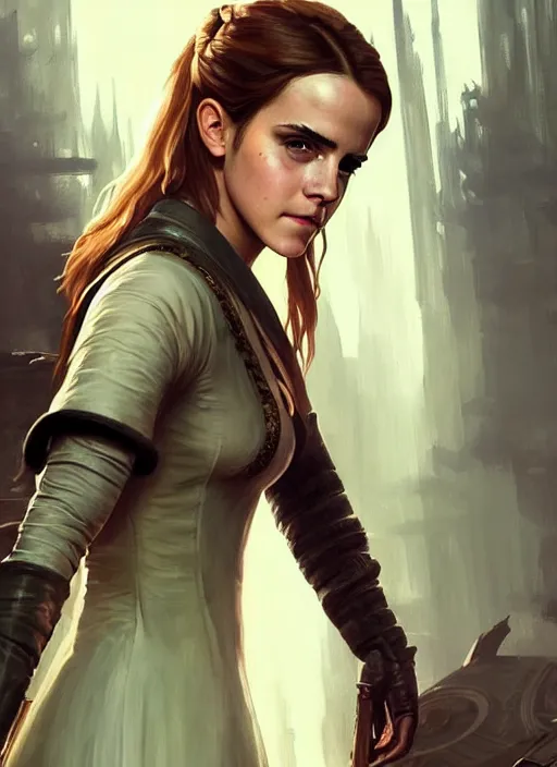 Prompt: portrait of Emma Watson from the Witcher wearing a wizard robe outfit as a character from Cyberpunk 2077, looking at camera, intricate, elegant, sci-fi, extremely detailed, digital painting, artstation, concept art, smooth, sharp focus, illustration, ambient lighting, incredible art by artgerm and greg rutkowski and alphonse mucha and simon stalenhag