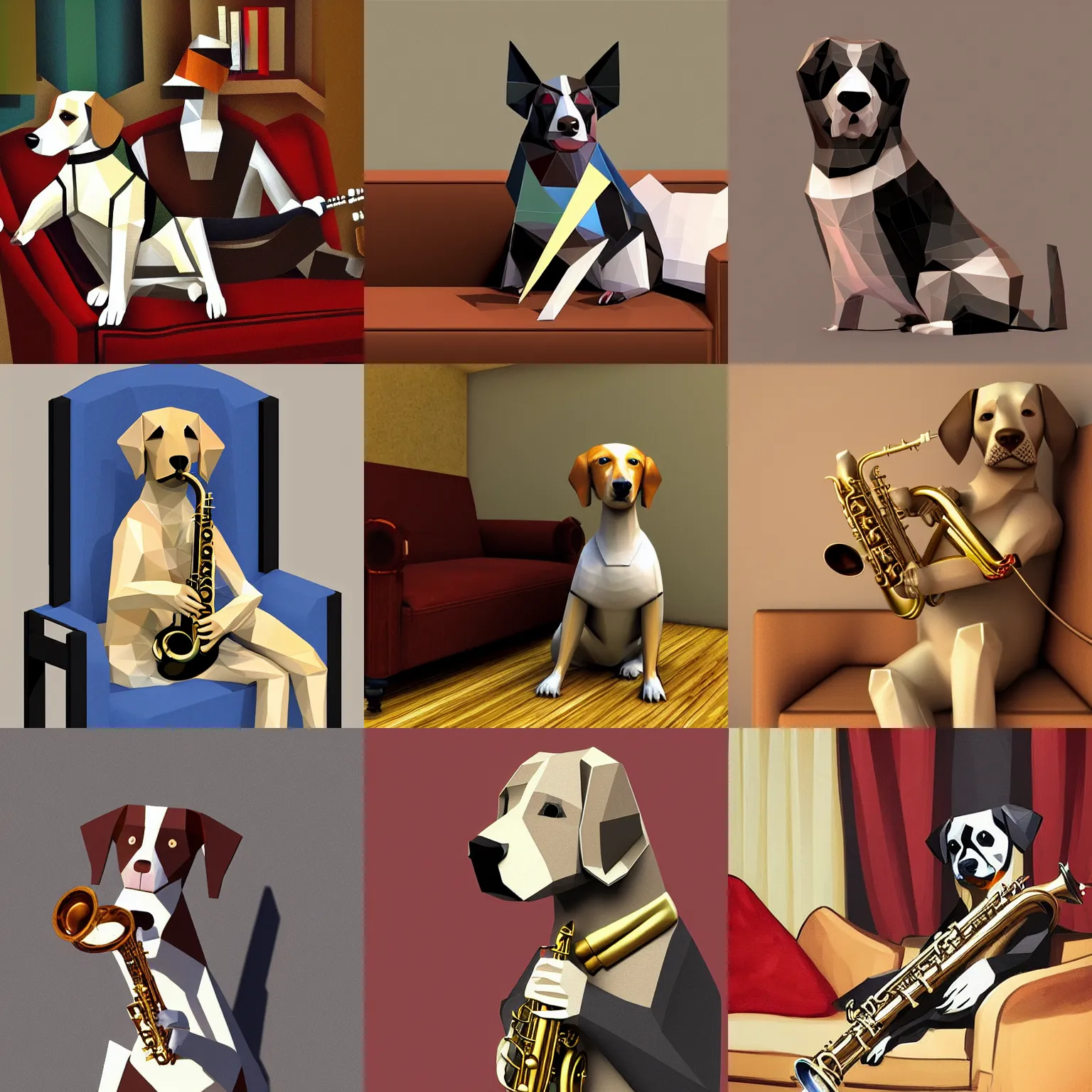 Prompt: dog playing the saxophone, sitting on the sofa, medieval portrait, low poly, medium shot