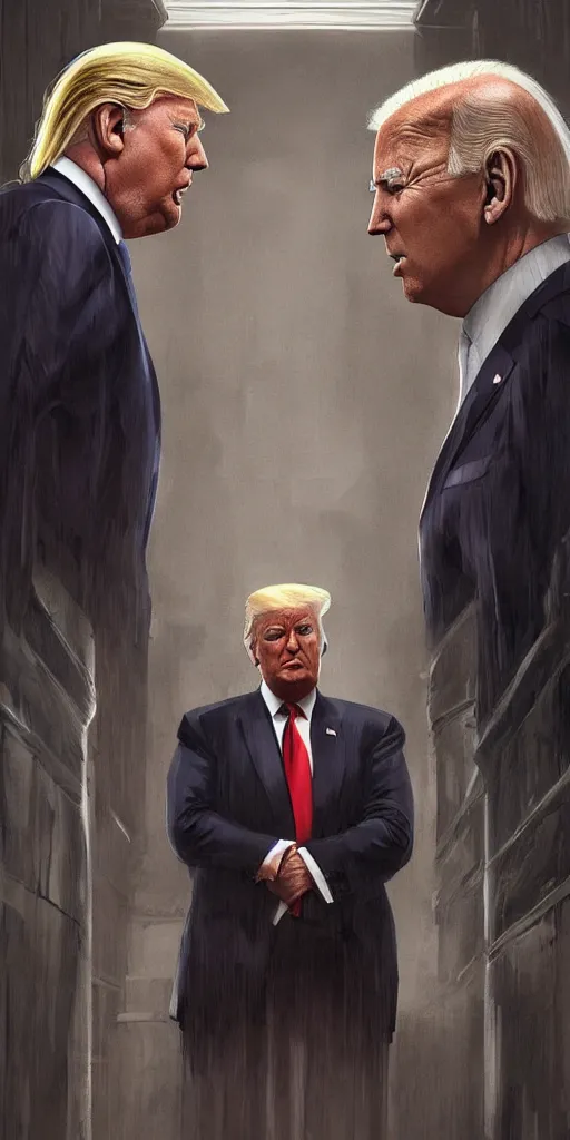 Image similar to symmetry!! donald trump and joe biden looking at each other in a hall, evil, very detailed, perfect lighting, perfect composition, 4 k, artgerm, derek zabrocki, greg rutkowski