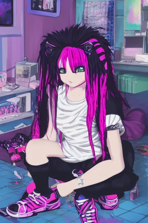 Image similar to goth chibi anime girl with pink dreads sitting on the floor of a cluttered 9 0 s bedroom, vaporwave colors, lo - fi, concept art, smooth, detailed, 4 k, hd,