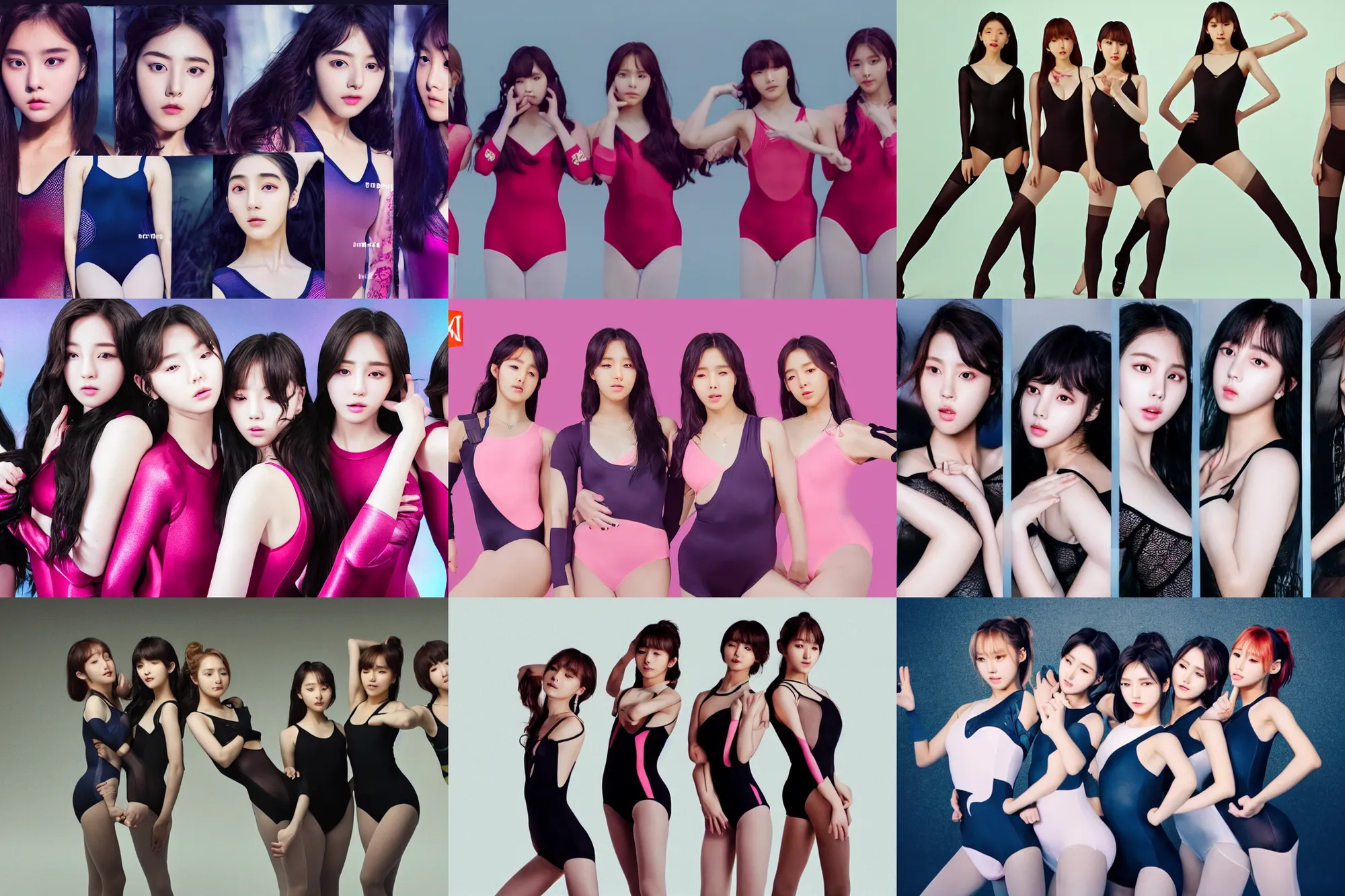 Prompt: unbelievably beautiful, perfect, dynamic, epic, cinematic 8 k hd movie shot, three beautiful cute young k - pop idols actresses in korean girl band, posing together in leotards. motion, vfx, inspirational arthouse, high budget, hollywood style, at behance, at netflix, with instagram filters, photoshop, adobe lightroom, adobe after effects, taken with polaroid kodak portra