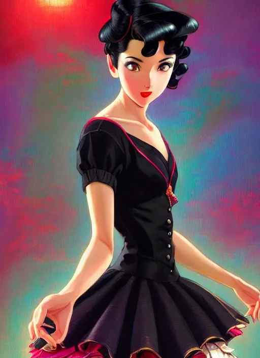 Image similar to a beautiful dancer with black hair in 1940's fashion, ballroom background, intricate, highly detailed, digital painting, artstation, official media, anime key visual, concept art, rich vivid colors, ambient lighting, sharp focus, illustration, art by Artgerm, Makoto Shinkai, Ilya Kuvshinov, Lois Van Baarle, and Rossdraws