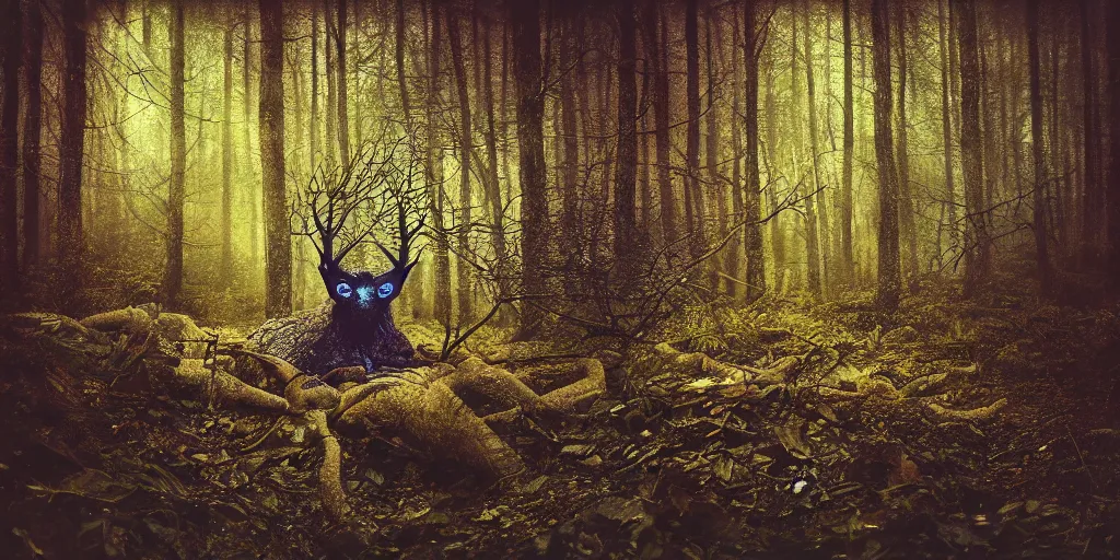 Prompt: detailed analog medium format photo, polaroid photo of a creature in dark forest, artwork by maxim verehin, high production value, intricate details, 8 k resolution, hyperrealistic, hdr, photorealistic, high definition, tehnicolor, award - winning photography, masterpiece, amazing colors, trending on artstation