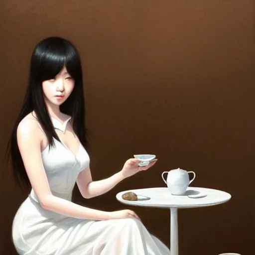 Image similar to a beautiful Korean girl with long dark hair and bangs, wearing a white dress, sitting alone in a cafe, fantasy, intricate, elegant, highly detailed, digital painting, artstation, concept art, matte, sharp focus, illustration, art by Artgerm and Greg Rutkowski and Ilya Kuvshinov