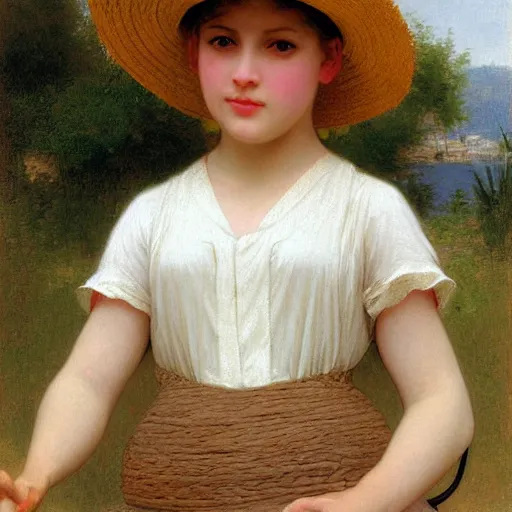 Image similar to 10 yo blond girl with straw hat and yellow shirt, bouguereau