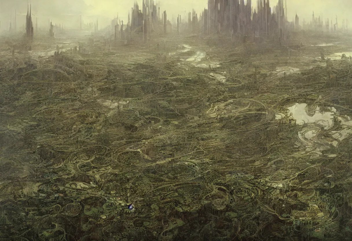 Image similar to the last patch of vegetation on earth at the edge of a futuristic megacity with sewage drains pumping sludge into the river, by daniel - by greg rutkowski and raymond swanland hr giger and zdzislaw beksinski and alphonse mucha and moebius, matte painting, hyperdetailed, symmetry, art nouveau, beautiful render, concept art