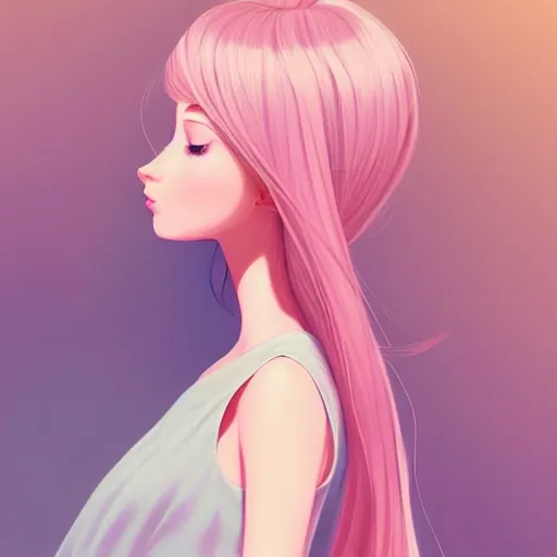 Image similar to adult female in summer dress art, pastel light pink very long hair, muted colors, matte print, pastel colors, ornate, digital art, digital painting, fan art, elegant, artstation, head is centered, by Ilya Kuvshinov