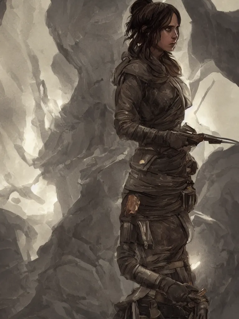 Image similar to portrait of jyn erso as a beautiful medieval goddess in a marble courtyard holding a pistol, decolletage, confident pose, coherent, insane detail, concept art, character concept, cinematic lighting, global illumination radiating a glowing aura