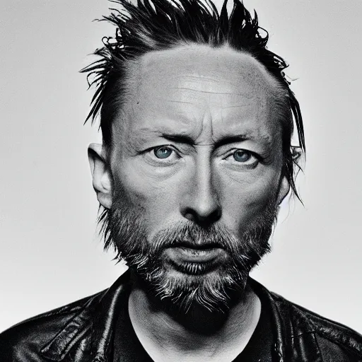 Image similar to Thom Yorke, Thom Yorke, Thom Yorke, with a beard and a black jacket, a portrait by John E. Berninger, dribble, neo-expressionism, uhd image, studio portrait, 1990s