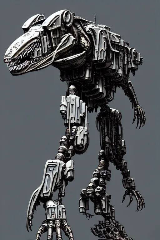 Image similar to trex in a cyborg mech suit, by alexandre ferra, zezhou chen, peter gric, mohamed reda and hr giger, hyper detailed, screen print, character concept art, hyperrealism, coherent, cgsociety, zbrush central, behance hd, hypermaximalist