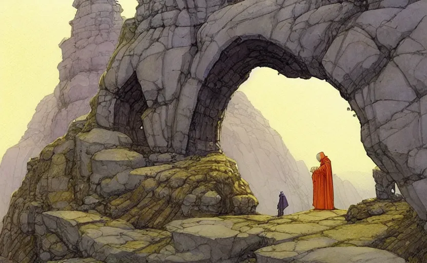 Prompt: a hyperrealist watercolour concept art of a dimensional time portal in the shape of a large rock arch. a medieval monk in grey robes is in the foreground. by rebecca guay, michael kaluta, charles vess and jean moebius giraud. high detail, hq, wide shot