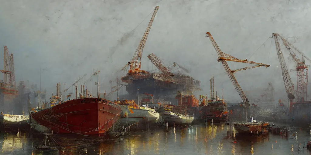 Prompt: a foggy shipyard with huge cranes, hyperrealism, no blur, 4k resolution, ultra detailed, style of John Berkey, Norman Rockwell, Hans Thoma, Ivan Shishkin, Tyler Edlin, Thomas Kinkade