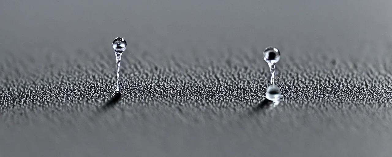 Prompt: a single drop of water balances on the tip of a pin, extreme close - up