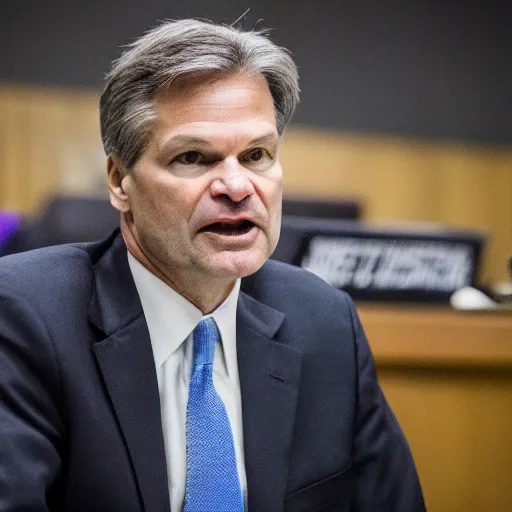 Prompt: fbi director Christopher wray getting scolded by a judge, photo 85mm, f/1.3