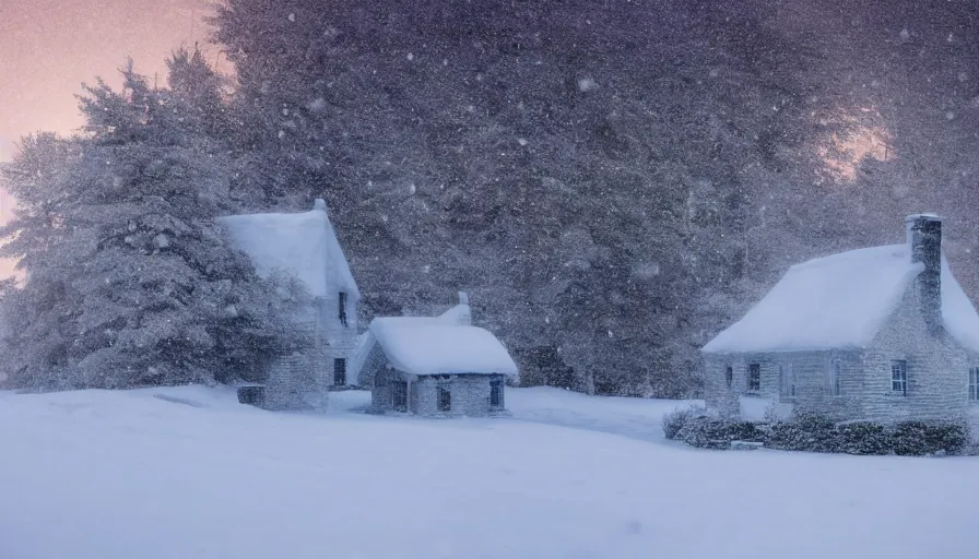 Image similar to A Desolate Cottage with light emitting from it snowed in in a wonderful winter landscape. Blizzard, Heavy snow falling, Snowstorm, Light Haze, Magical Lighting