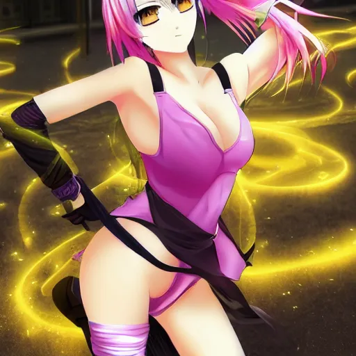 Image similar to beautiful young female anime! ninja with extremely detailed eyes action pose, neon city, raining, dramatic, 8 k