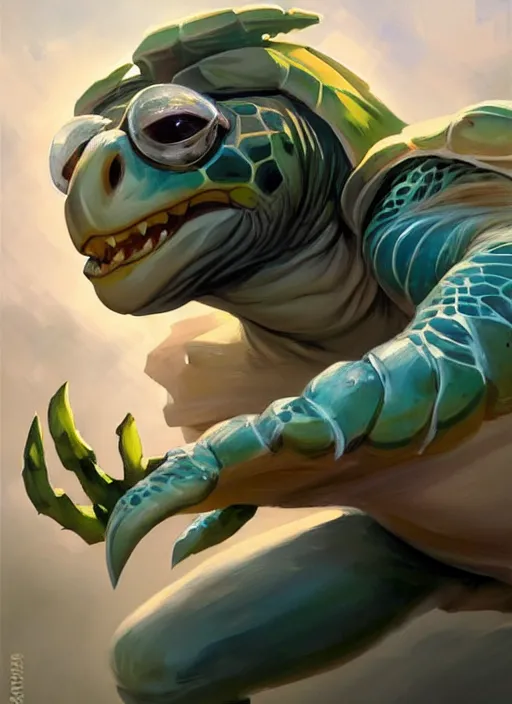 Image similar to Greg Manchess portrait painting of an anthropomorphic monster sea turtle character from league of legends, full shot, asymmetrical, splashscreen, Organic Painting, sunny day, Matte Painting, bold shapes, hard edges, cybernetic, street art, trending on artstation, by Huang Guangjian and Gil Elvgren and Sachin Teng