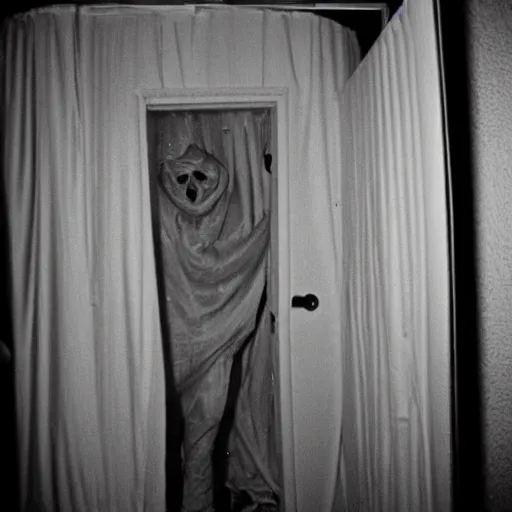 Prompt: grainy photo of figure with a sheet over it as a creepy monster in a closet, harsh flash