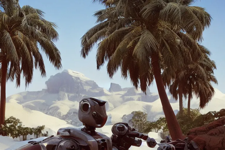 Prompt: natural american landscape | robot greeting another robot | palm trees | snowy mountains, painting by syd mead and weta studio and james jean, frank frazetta, highly detailed, rule of third, soft lighting, 8 k resolution, oil on canvas, architectural magazine, beautiful detailed, insanely intricate details, artstation trending, hypermaximalistic, high details, cinematic
