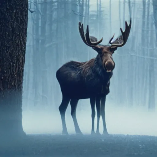 Image similar to polaroid of a moose with a cheeky smile, foggy, cinematic shot, photo still from movie by denis villeneuve, wayne barlowe