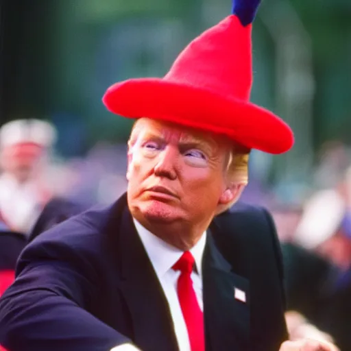 Prompt: photo of donald trump wearing a wizards hat, cinestill, 8 0 0 t, 3 5 mm, full - hd