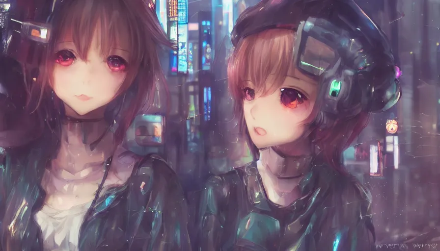 Image similar to cute anime girl in a cyberpunk city by wlop, detailed eyes, heterochromia, bright eyes, closeup, happy expression, laughing, short minidress, light clothing, posing, light rain, hyper real, detailed digital art, idol, photorealistic, trending on art station