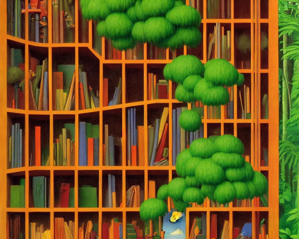 Image similar to a bookshelf in the rainforest by raphael, hopper, and rene magritte. hyperdetailed, proportional, romantic, enchanting, achingly beautiful, graphic print, trending on artstation.