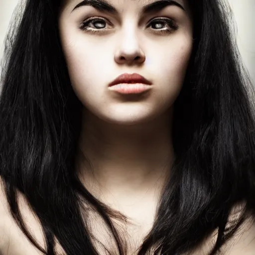 Image similar to an amazing award winning portrait photo of a young woman with black long hair, cinematic masterpiece