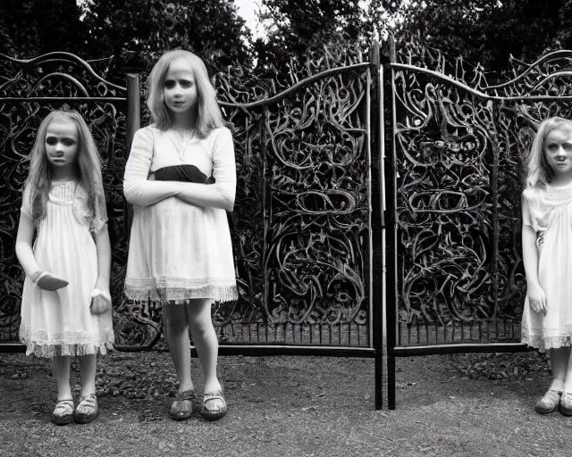 Image similar to black and white photo of Spooky Twin girls standing in front of a Victorian wrought iron gate at sunset