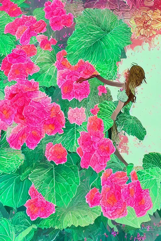 Prompt: beautiful digital matter cinematic painting of whimsical botanical illustration of begonia whimsical scene by greg rutkowki and alena aenami artstation