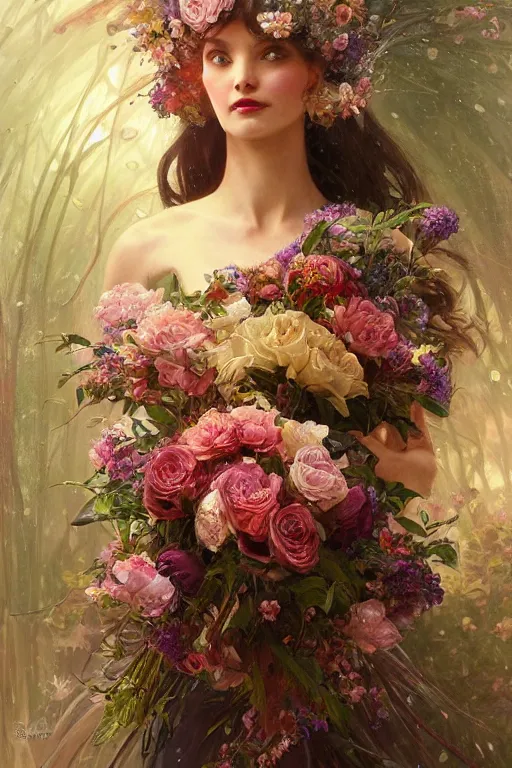 Image similar to portrait of a beautiful mysterious woman holding a bouquet of flowing flowers, hands hidden under the bouquet, fantasy, regal, intricate, by stanley artgerm lau, greg rutkowski, thomas kindkade, alphonse mucha, loish, norman rockwell