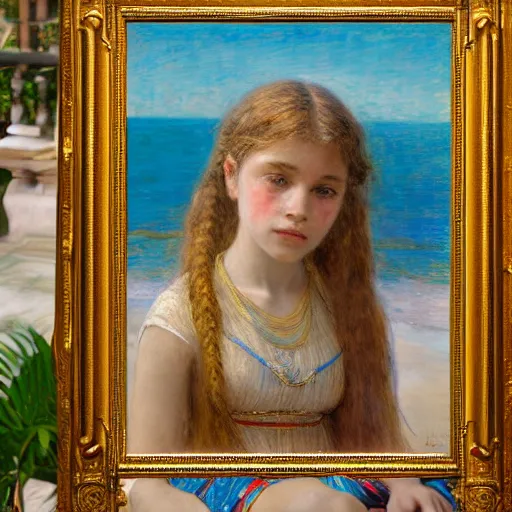 Image similar to a ultradetailed beautiful painting of a girl in the amazonas palace balustrade designed by jules bastien - lepage, hans belmer, frank weston and gustave baumann, beach, trending on artstation, mediterranean, palm trees, refracted color sparkles, sharp focus, soft light, 8 k 4 k