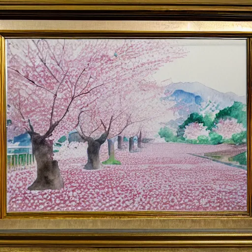 Image similar to a palace chamber filled with cherry blossom trees, watercolour