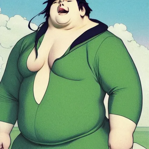 Image similar to masculine slightly overweight chonky pigeon in a green onepiece body suit, by Range Murata and Mucha