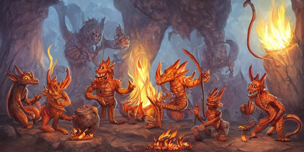 Prompt: a group of draconic kobolds chatting around a cooking fire in a cavern, dungeons & dragons artwork by Artgerm