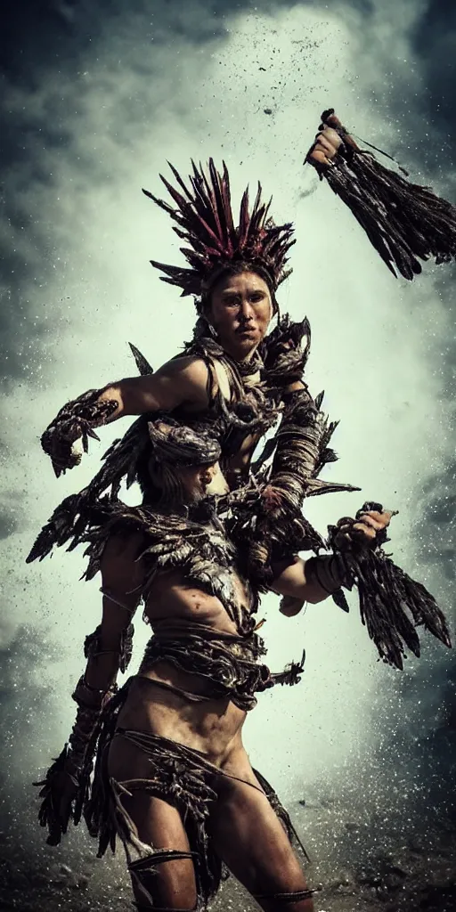 Image similar to fighting in air shaman tribeswoman, destroyed armor parts fly away, inspired by monster hunter, low shot, muscular body, symmetrical face, clean face, subtle make up, destruction around her, frozen time,dramatic lighting, cinematic, establishing shot, extremely high detail, photorealistic, 300 the movie,monster hunter the movie, dune the movie, cinematic lighting, artstation, octane render, western,old photo, vintage