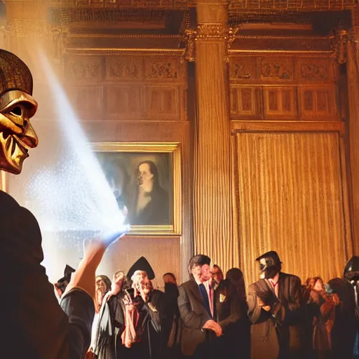 Prompt: man wearing guy fawkes mask accepting award from obama in university hall, photo, cinematic lighting