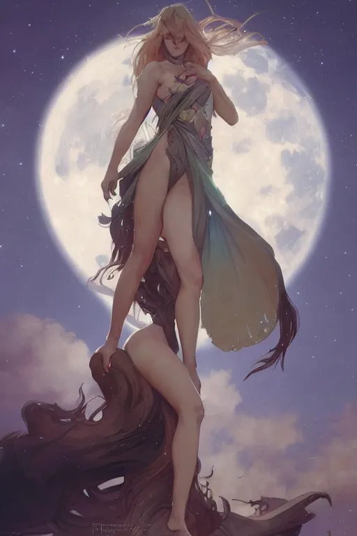 Prompt: model pose, fantasy, beautiful leg, long hair, girl, portrait, cloud sky and moon night background, high detail, concept art, digital art, illustration, smooth, sharp focus, greg rutkowski, alphonse mucha, trending on artstation, trending on deviantart,