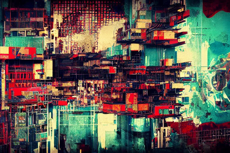 Prompt: architecture collage by atelier olschinsky, cyberpunk, (high contrast), ((oversaturated)), grafitti paint, bokeh, dof