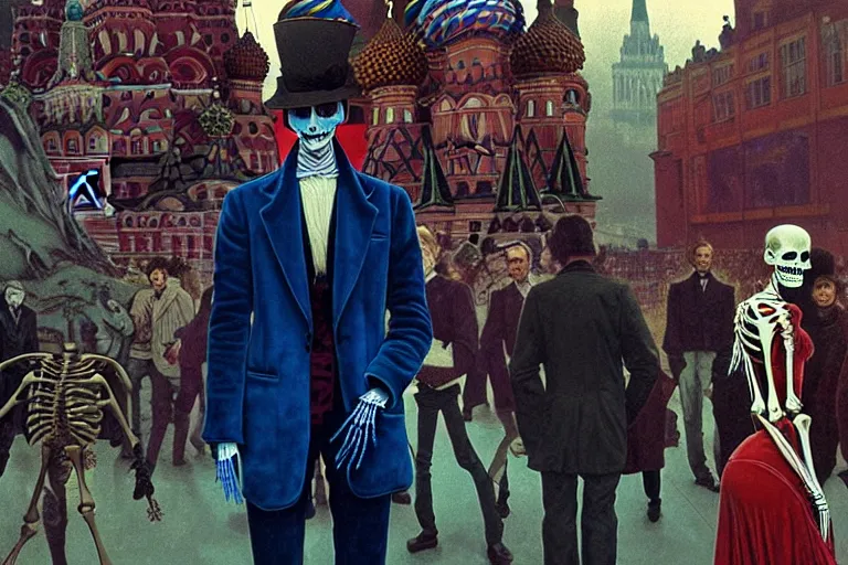 Image similar to realistic detailed photorealistic film portrait shot of a single skeleton wearing crimson velvet blazer in a crowded futuristic moscow street by Denis Villeneuve, Amano, Yves Tanguy, Alphonse Mucha, Ernst Haeckel, Andrei Tarkovsky, Edward Robert Hughes, Roger Dean, rich moody colours, wide angle, blue eyes