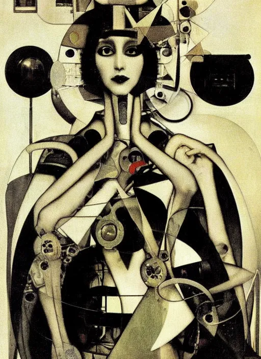 Image similar to cute punk goth fashion fractal alien martian girl with wearing a television tube helmet and kimono made of circuits and leds, surreal Dada collage by Man Ray Kurt Schwitters Hannah Höch Alphonse Mucha Beeple