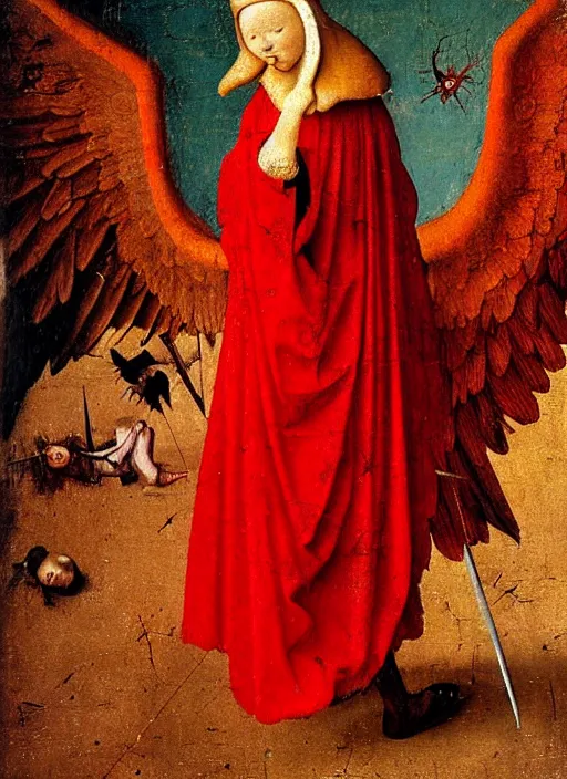 Prompt: fallen angel dressed in red with wings by Jan van Eyck, Hieronymus Bosch, Johannes Vermeer 4k post-processing, highly detailed medieval painting