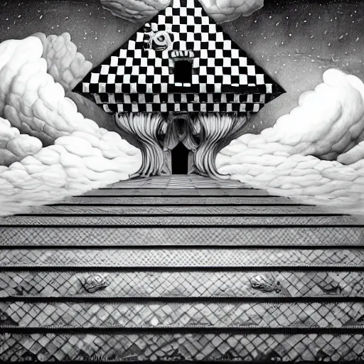 Image similar to A black and white freemasonic chequered surrealist digital painting of a stairway to into the clouds in the art style of jeff koons, Gilbert williams, Edwin Frederic Church and Christopher Balaskas, trending on artstation, 4k UHD