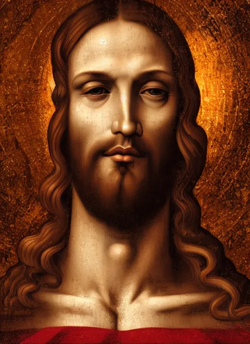 Image similar to jesus christ face, depiction of jesus, holy cross, 8 k, boticelli, an amazing portrait of jesus, leonardo da vinci, mattepainting, cryengine, artstation, heaven color scheme, holy lights