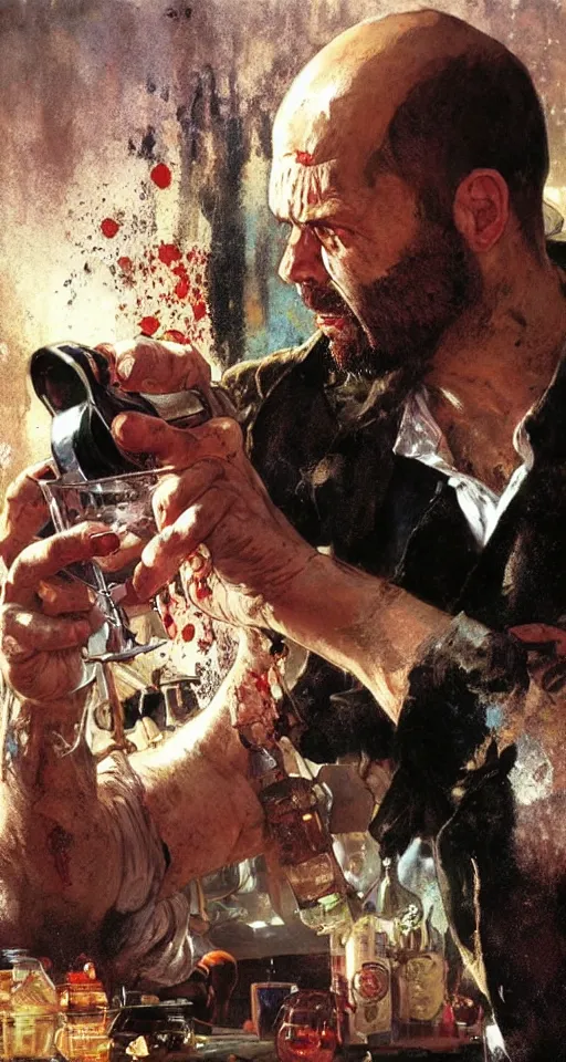 Image similar to close up of bloodied max payne pouring a drink, sun shining, photo realistic illustration by greg rutkowski, thomas kindkade, alphonse mucha, loish, norman rockwell.