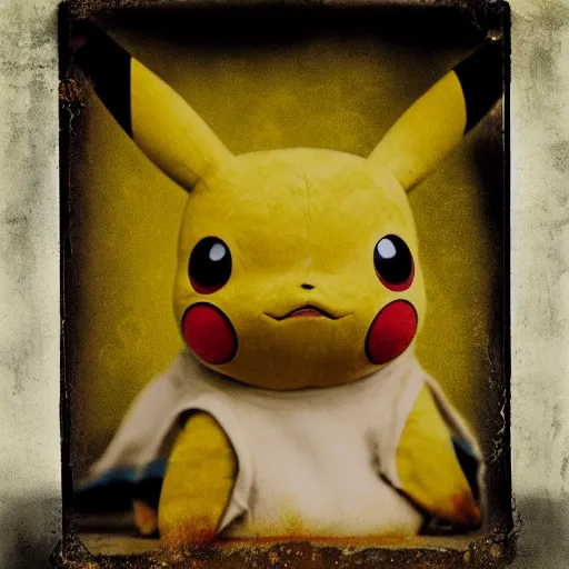 Prompt: Pikachu, collodion photograph, colorized